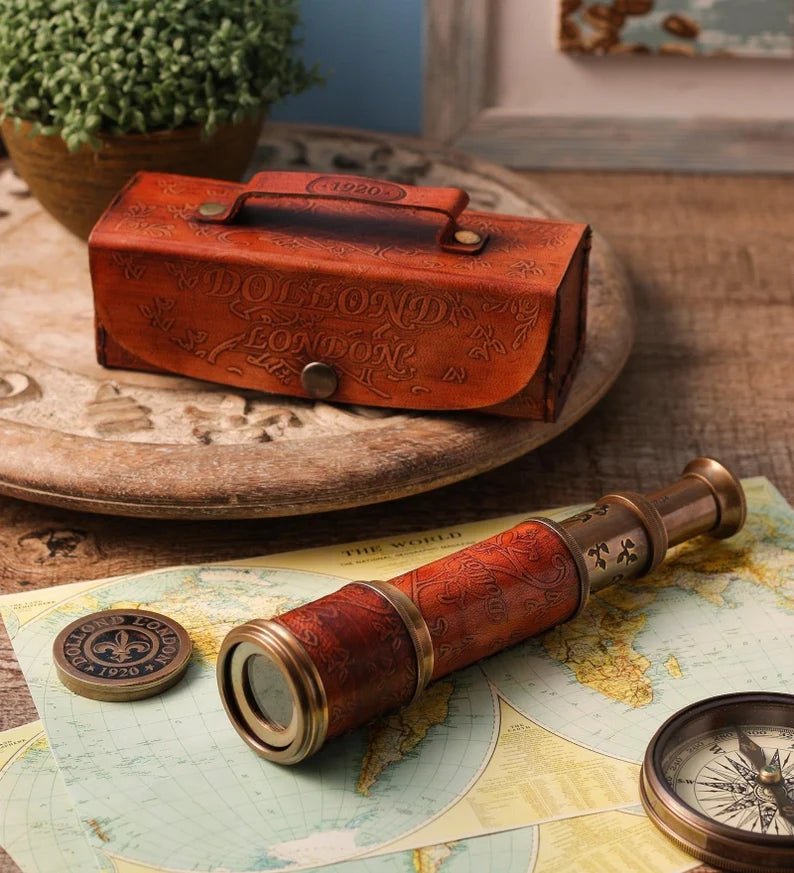 Personalized Nautical Vintage Brass & Leather Handheld Functional Telescope With Leather Case - Pirate Spyglass, Sailor Gift, Gift for Dad - Retro Handicrafts