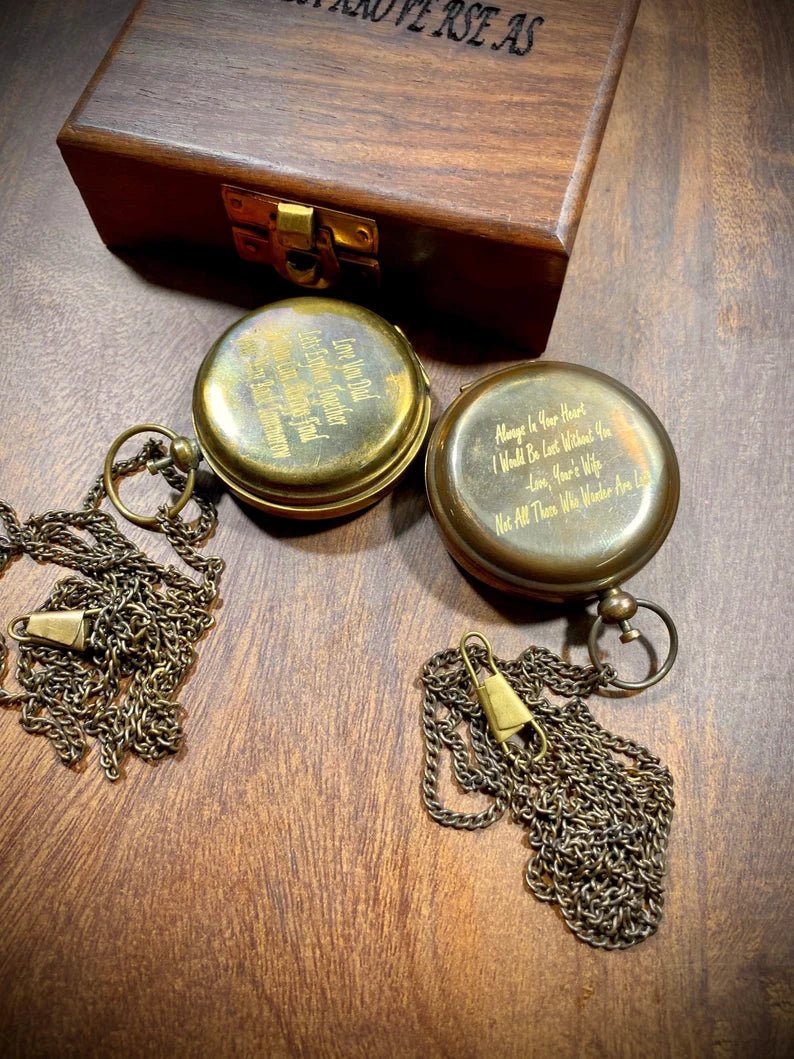 Personalized pocket compass with custom engraving options on the top, inside, and back, perfect for unique gifts.