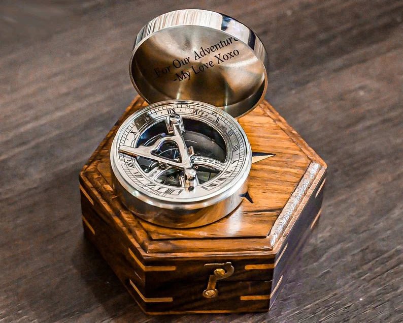 Personalized sundial compass for son, custom engraved working compass, premium brass design.