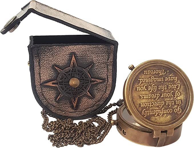 Personalized brass compass engraved with Thoreau’s quote, a meaningful gift for boys and loved ones.