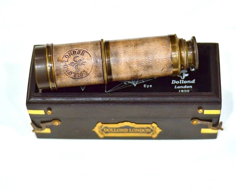 Pirate Nautical Brass And Leather Finish Telescope With Wooden Box, Engraved Spyglass, Marine Telescope, Antique Personalized Telescope - Retro Handicrafts