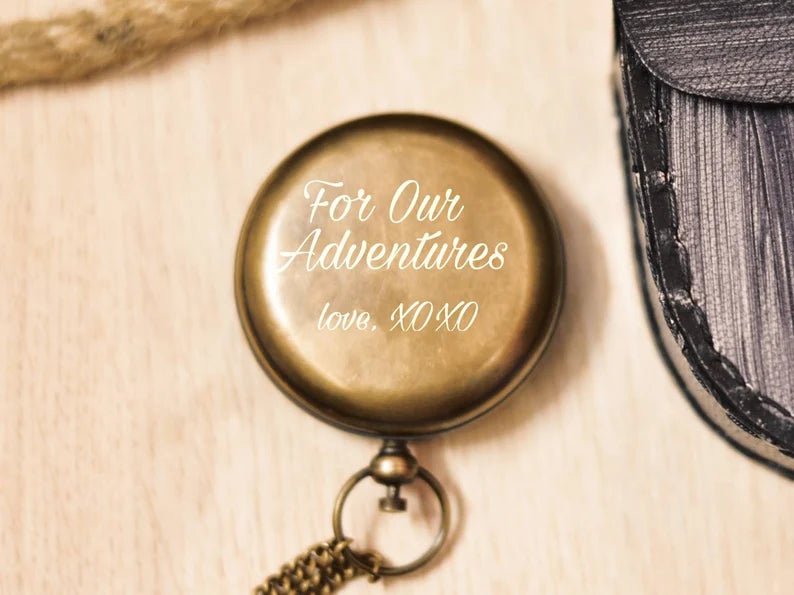 Handcrafted pocket compass with a wooden case, showcasing custom engraving options for a personalized gift.
