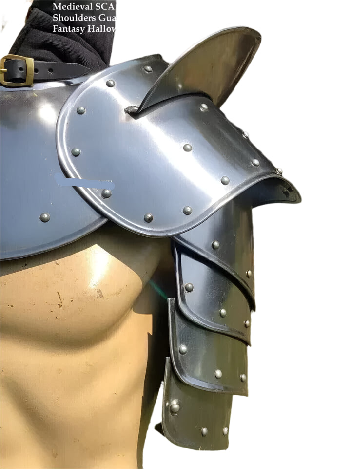 Polished steel finish with a pair of medieval pauldrons and neck guard for LARP