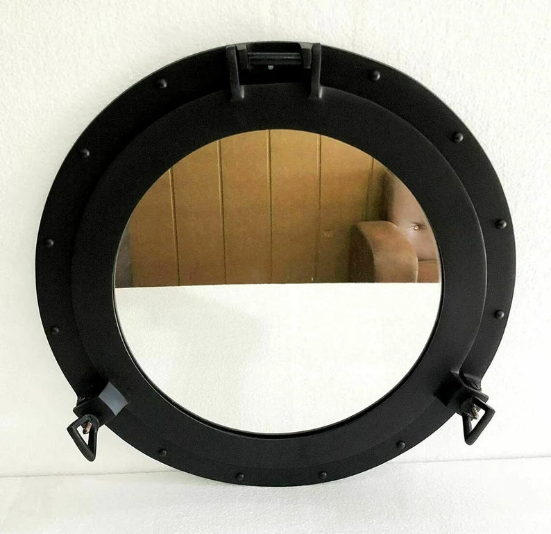 Detail of the 12 Inch Multi-Color Porthole Mirror in Black, showcasing the unique design