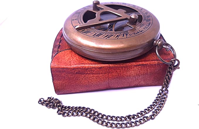 Premium brass sundial compass in leather gift case, an ideal present for nautical enthusiasts and collectors.