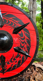 Close-up of a premium-quality, handmade Viking shield with authentic wooden finish. Detailed craftsmanship for historical reenactments and combat.