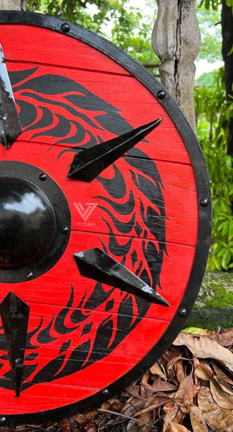 Close-up of a premium-quality, handmade Viking shield with authentic wooden finish. Detailed craftsmanship for historical reenactments and combat.