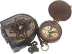 Brass compass with real cowhide leather case, offering both style and protection for the compass.