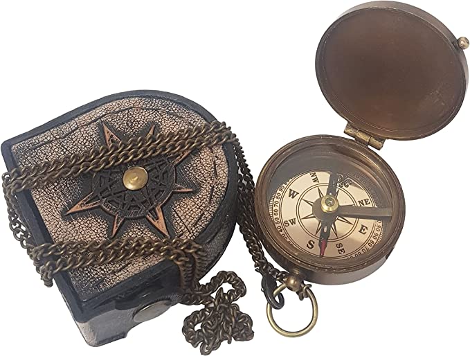 Brass compass with real cowhide leather case, offering both style and protection for the compass.