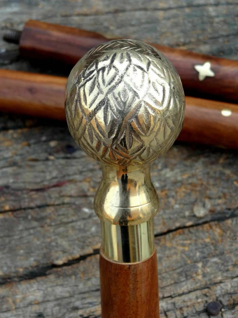 Close-up of Round Brass Handle on Antique Victorian Walking Cane