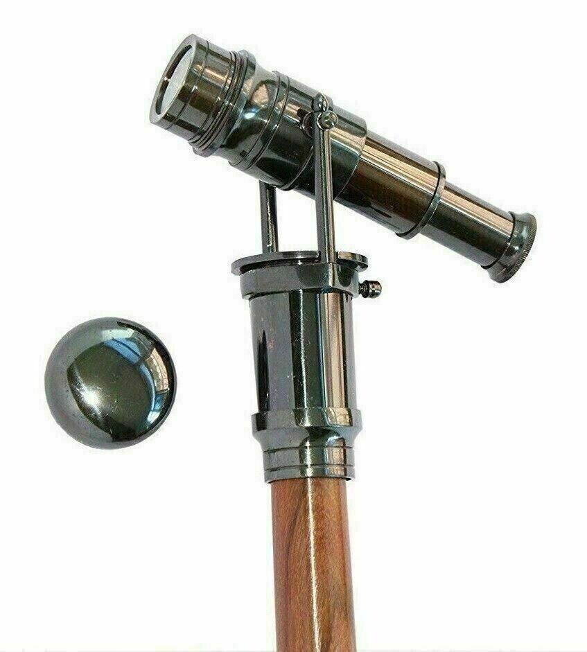 Nautical Wooden Walking Stick Cane Antique Spyglass Brass Telescope Handle Gift