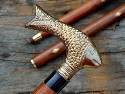 Walking Cane Nautical Brass Fish Handle Wooden Stick Decorate Gift For Him/her