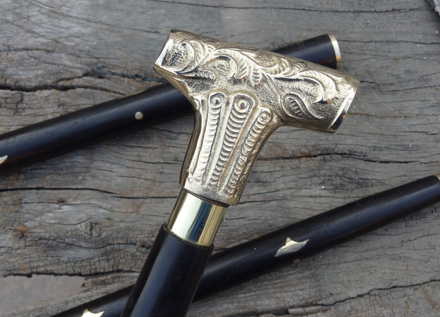 Wooden Walking Stick, Brass Handle Cane, Nautical Vintage Style Designer