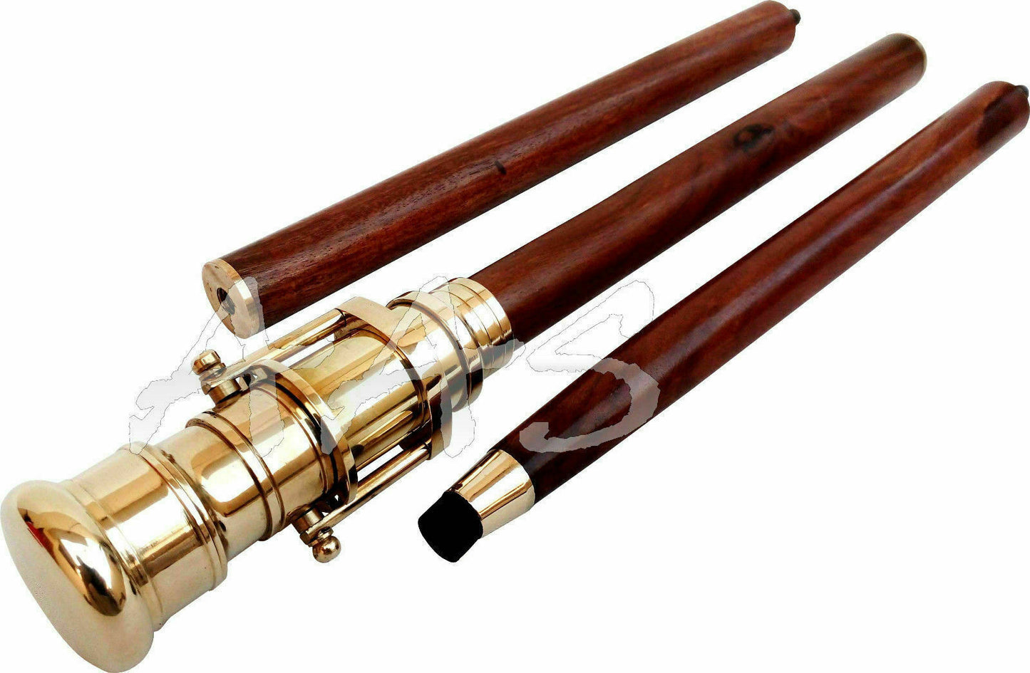 Vintage Nautical Wooden Walking Stick Cane with Brass Hidden Telescope Handle