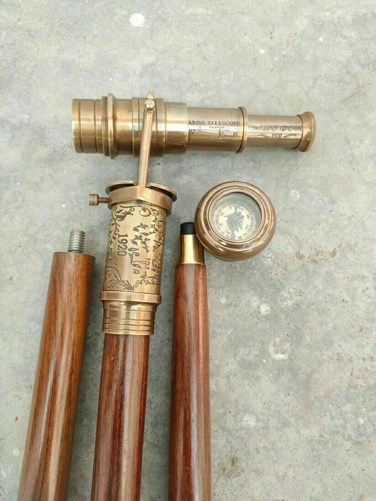 Victorian Spy Telescope & Antique Compass Brass Handle Wooden Walking stick Cane