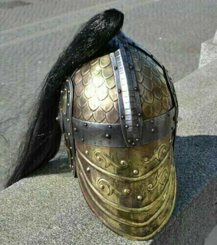 Medieval Helmet Roman Spartan Armor Helmet Antique Brass Viking Mask with Hairs