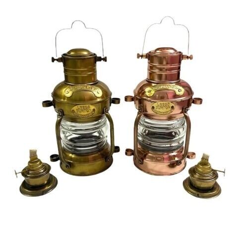 Set of 2 ~ Copper & Antique Finish Oil Lantern/Vintage Nautical Ship Oil Lamp/Hanging - Retro Handicrafts