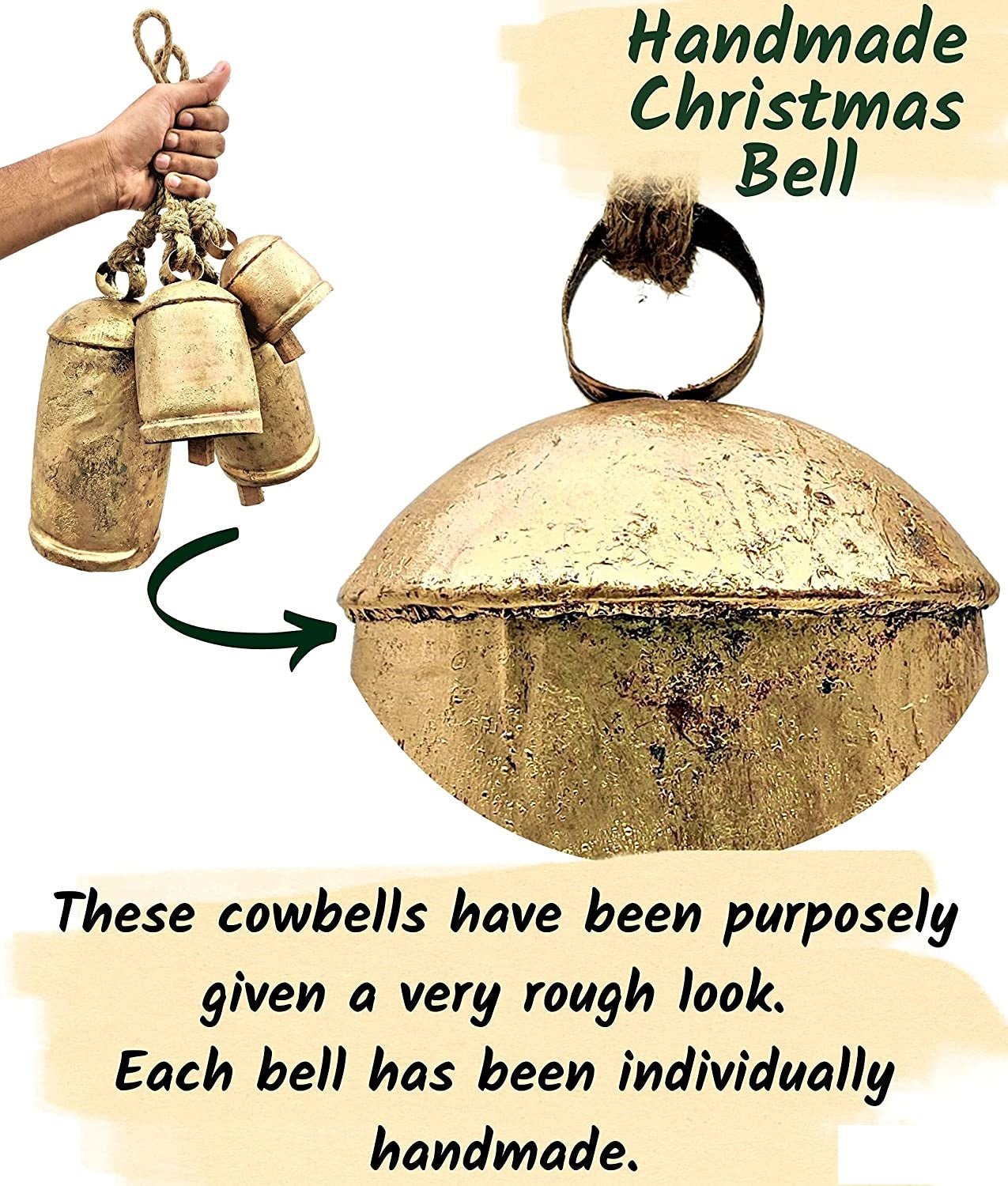 Set of 3 Giant Harmony Cow Bells Huge Vintage Handmade Rustic Lucky Christmas Hanging XL Bells On Rope - Retro Handicrafts