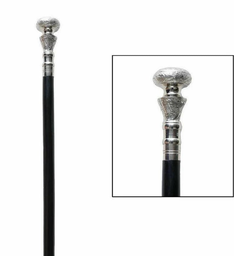 Silver Brass Handle Antique Victorian Wooden Walking Stick with Elegant Design