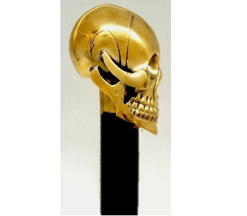 Skull Head Brass Handle Wooden Walking Cane - Retro Handicrafts