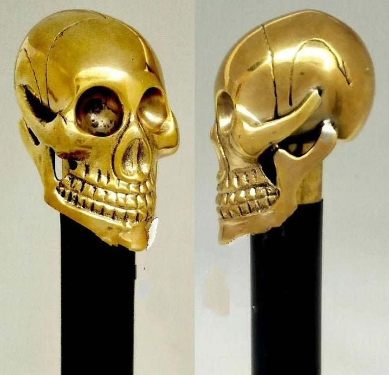 Skull Head Brass Handle Wooden Walking Cane - Retro Handicrafts