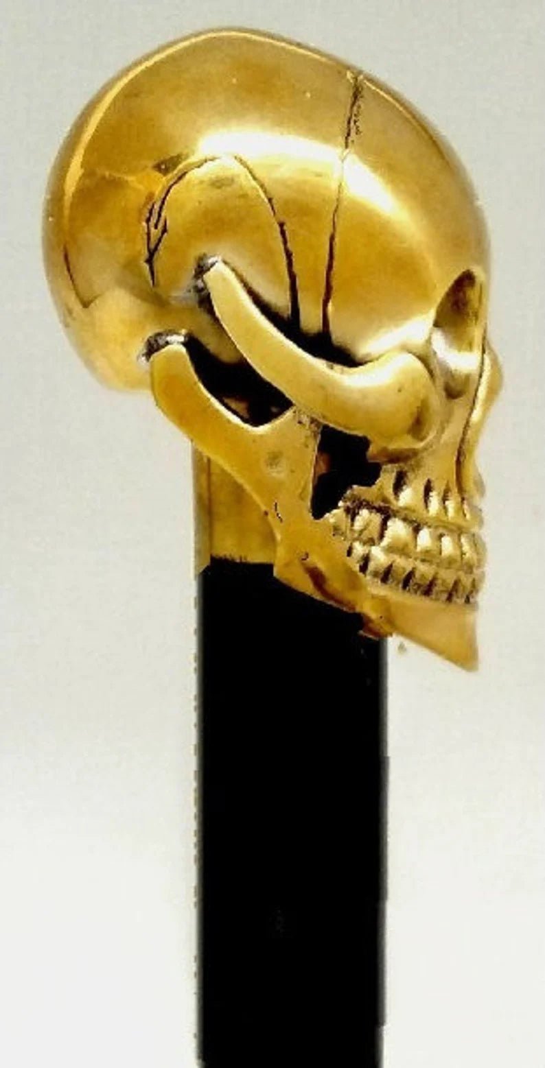 Skull Head Brass Handle Wooden Walking Cane - Retro Handicrafts