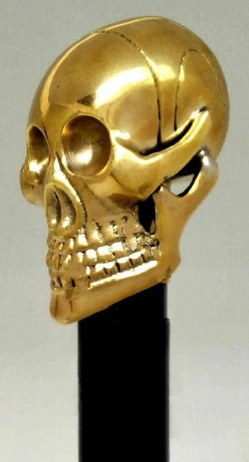 Skull Head Brass Handle Wooden Walking Cane - Retro Handicrafts