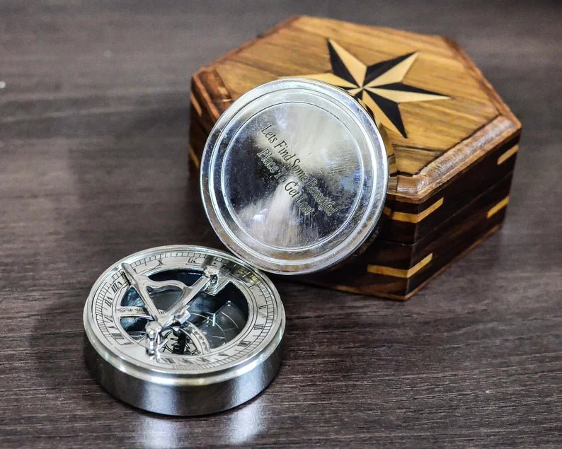 Solid brass sundial compass, weighty and premium feel, personalized with custom engraving for a meaningful gift.