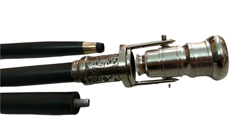 Detailed View of Steampunk Compass and Telescope Feature on Walking Stick Handle