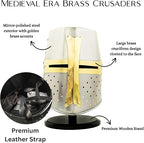 Steel crusader helmet with brass accents used as a Halloween costume prop, collectible armor, and medieval decor piece.