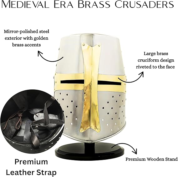 Steel crusader helmet with brass accents used as a Halloween costume prop, collectible armor, and medieval decor piece.