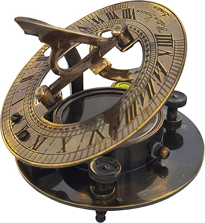 Antique replica sundial compass made of premium brass, featuring a beautiful patina finish.