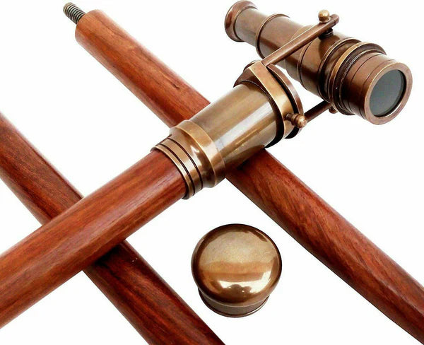 Telescope Nautical Brass Walking Stick with 3-Fold Brown Section and Antique Finish