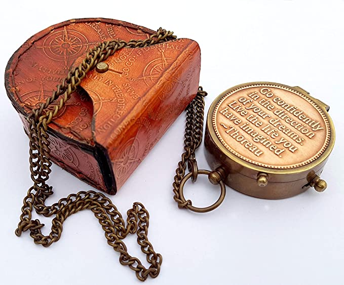 Thoreau's "Go Confidently" brass compass with engraved motivational quote for graduation and confirmation gifts.