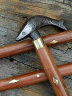 Victorian Handmade Walking Cane with Unique Rare Fish Handle and Steampunk Design