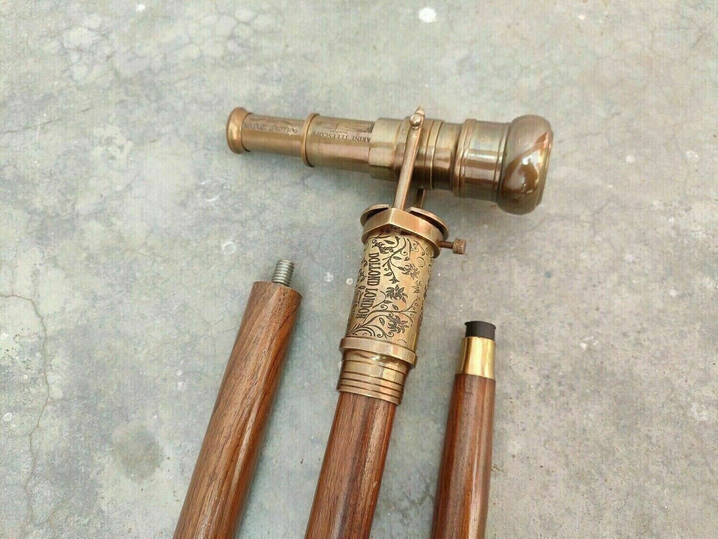 Victorian Spy Telescope & Antique Compass Brass Handle Wooden Walking stick Cane - Retro Handicrafts