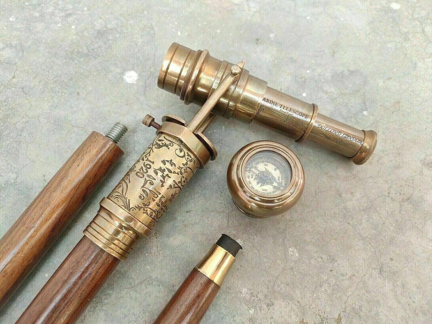 Victorian Spy Telescope & Antique Compass Brass Handle Wooden Walking stick Cane - Retro Handicrafts