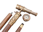 Victorian Telescope Compass with Spyglass Handle Walking Stick, Brass and Wooden Cane
