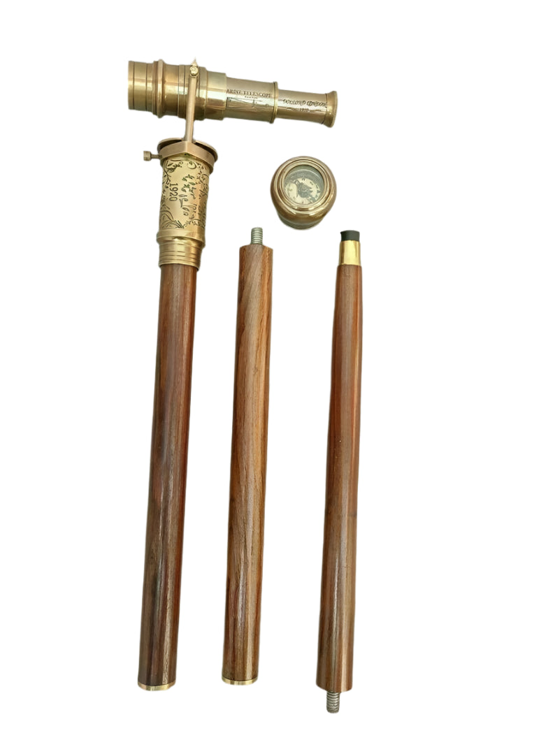 The wooden shaft of the Victorian Telescope Compass Working On Top Spyglass Handle Walking Stick, displaying its elegant design and craftsmanship.