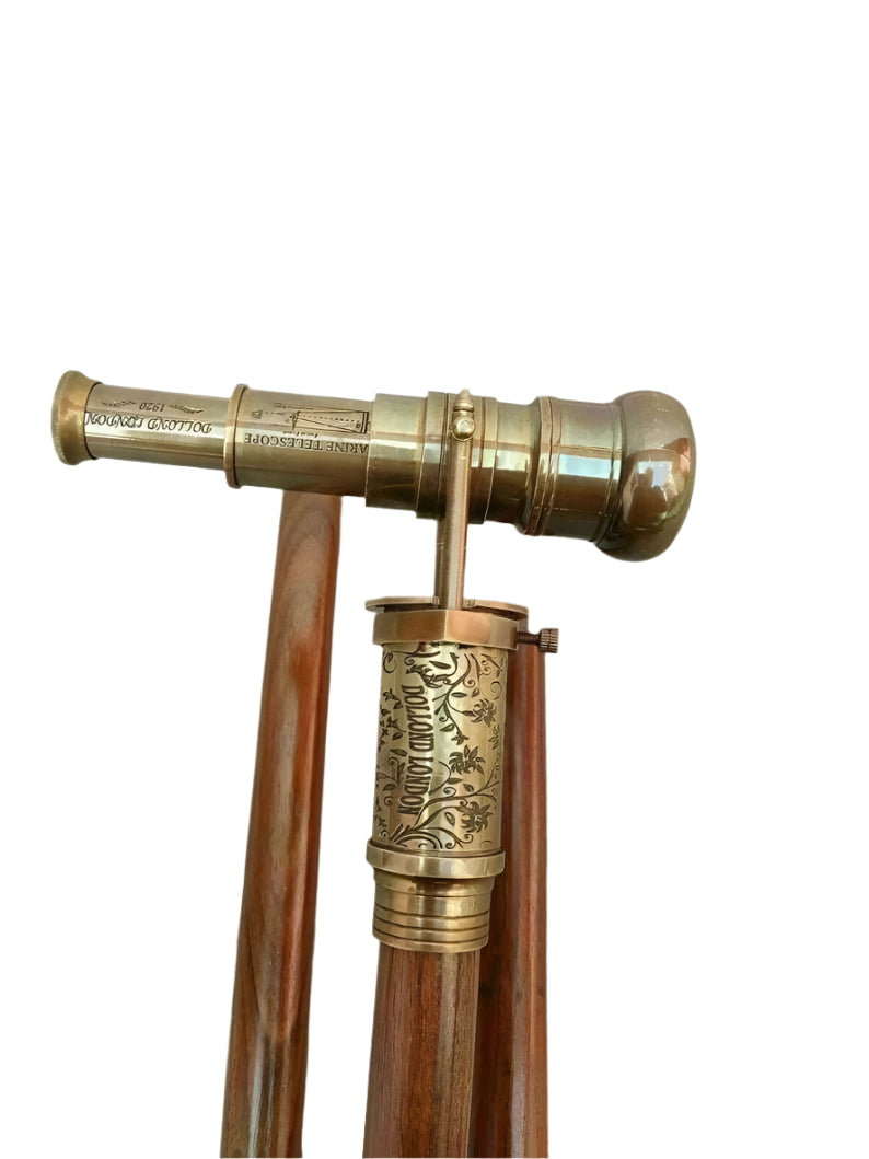 Close-up view of the working compass on the handle of the Victorian Telescope Compass Working On Top Spyglass Handle Walking Stick.