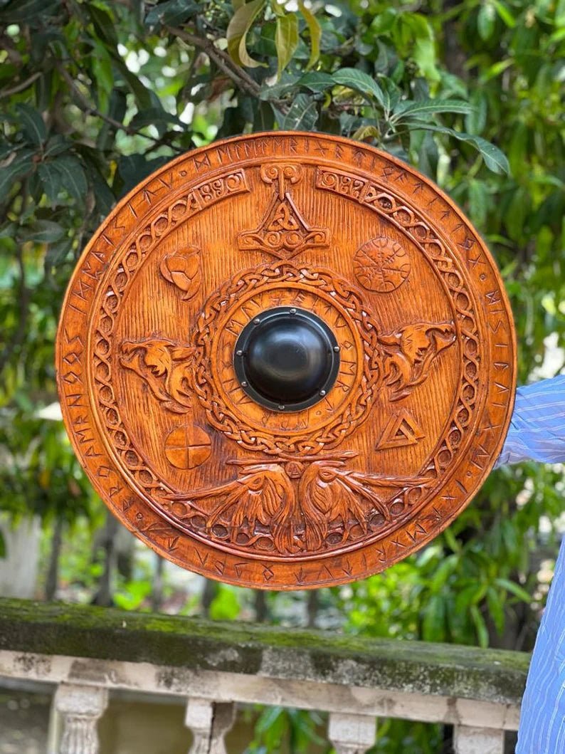 Viking Round Dragon Shield, 24 Inch Knight Battle Medieval Warrior Ship Armor Wooden Shield Best Wall Décor Gifts - Retro Handicrafts