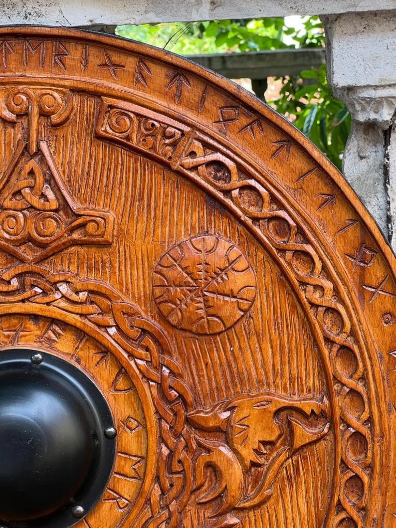 Viking Round Dragon Shield, 24 Inch Knight Battle Medieval Warrior Ship Armor Wooden Shield Best Wall Décor Gifts - Retro Handicrafts