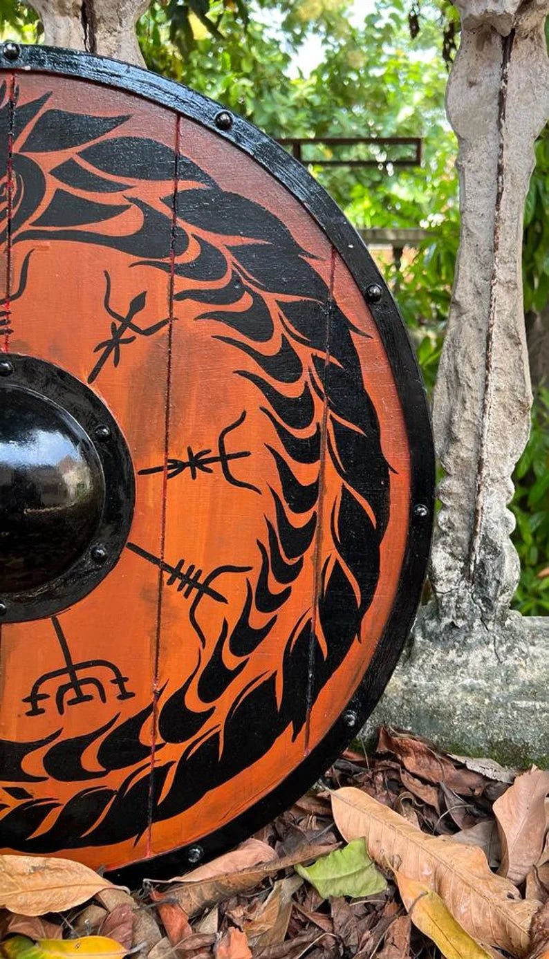 24-inch Viking shield in use during a historical reenactment, ideal for battle-ready defense and medieval role-play events.