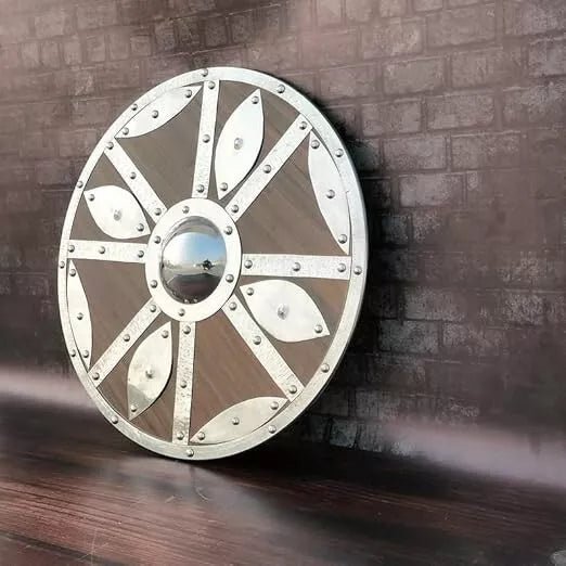 Lightweight and durable 24-inch Viking shield, perfect for display and use in LARP, Halloween, and medieval reenactments.