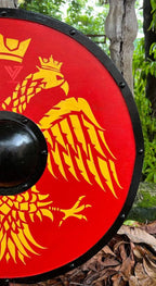 Premium quality Viking shield made from durable wood, featuring an authentic battle-worn finish.