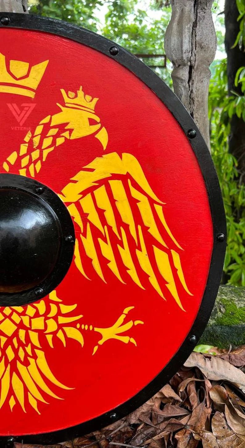 Premium quality Viking shield made from durable wood, featuring an authentic battle-worn finish.