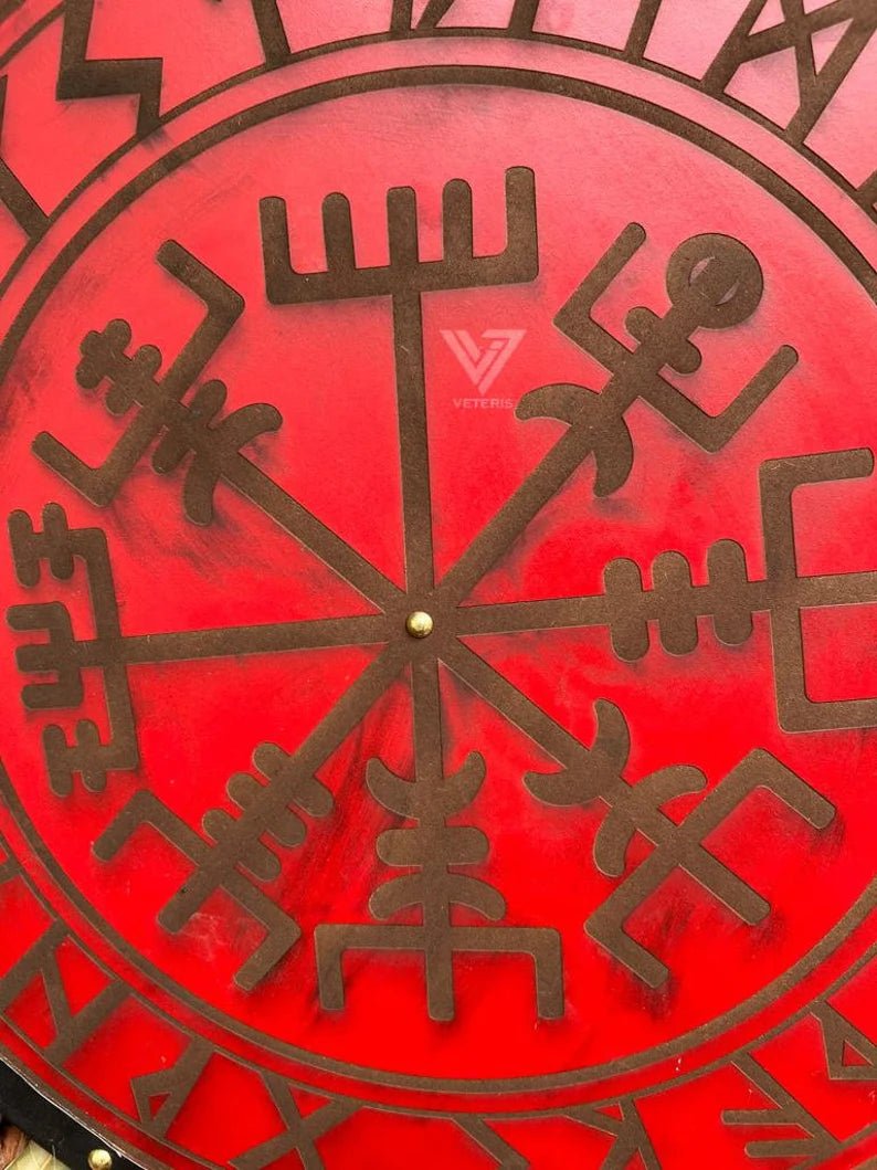 Close-up of the wooden craftsmanship on the handmade Viking shield