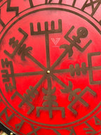 Close-up of the wooden craftsmanship on the handmade Viking shield