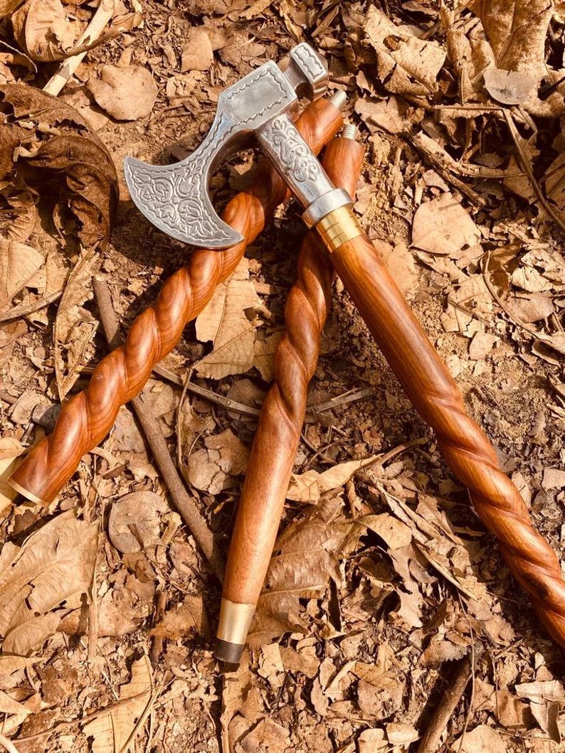 Vintage axe walking stick cane with antique aluminum chrome finish and wooden shaft, crafted from high-quality materials.