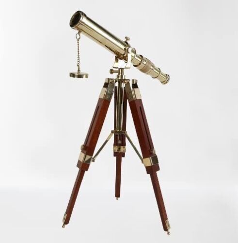 Vintage Brass Telescope With Wooden Tripod Stand DF Lens Nautical Spyglass Gift - Retro Handicrafts